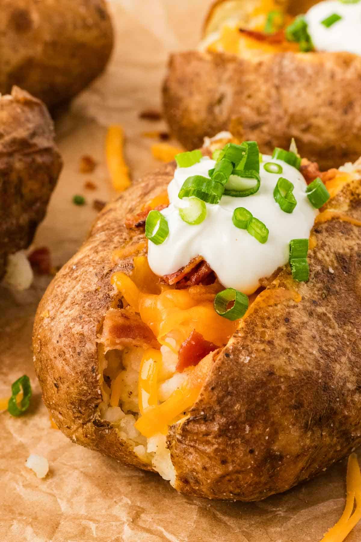 Close up of a loaded baked potato