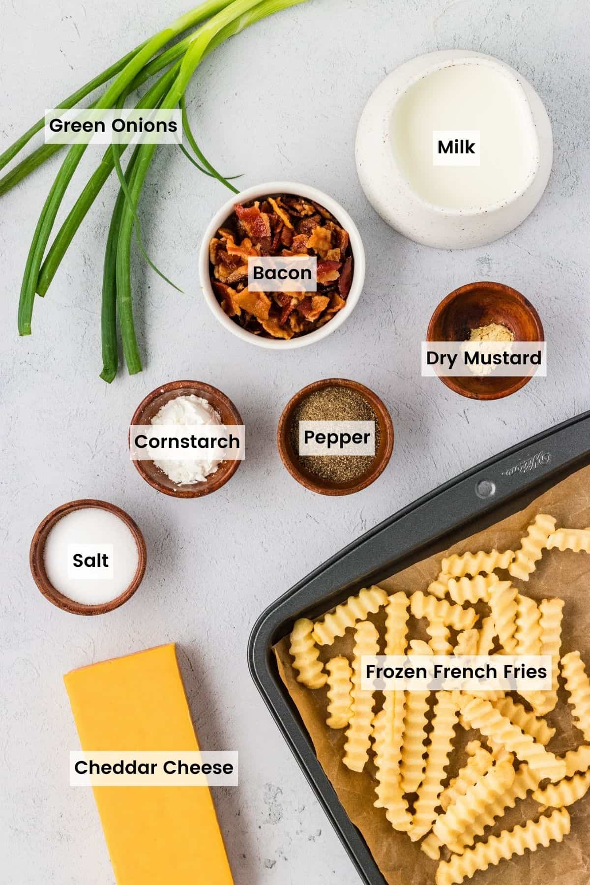 Overhead view of the ingredients needed to make loaded fries