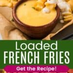 Two fries in a bowl of cheese sauce and crinkle-cut fries topped with bacon, cheese sauce, ranch dressing, and green onions on a parchment-lined sheet pan divided by a green box with text overlay that says "Loaded French Fries" and the words "Get the Recipe!".