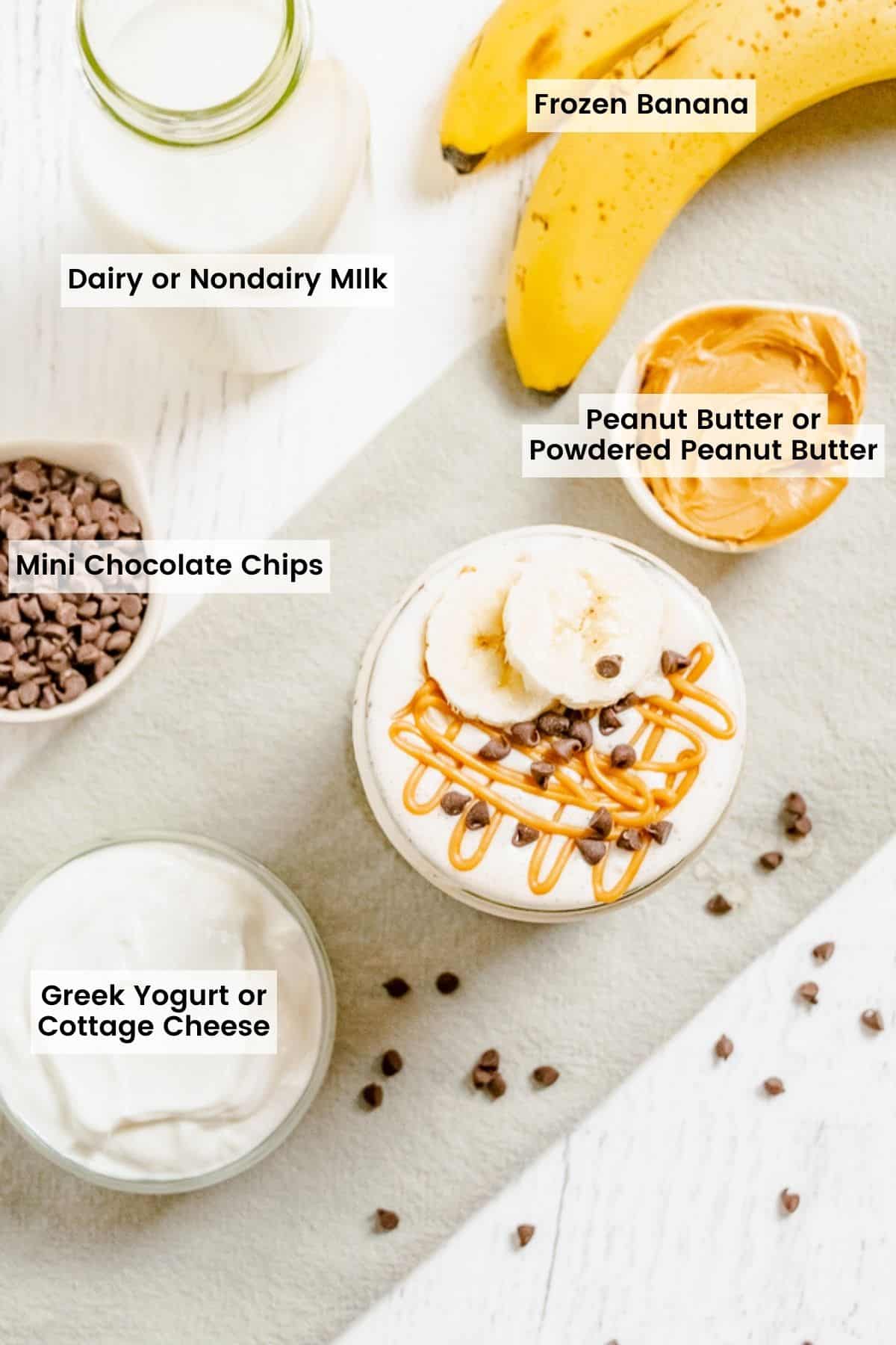 A birdseye view of a smoothie with labeled ingredients surrounding it.