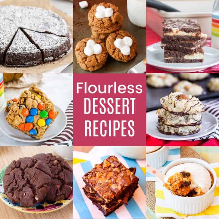 A collage of peanut butter cookies, chocolate cake, brownies, chocolate cake roll, a mini carrot cake, monster cookie bars, and macaroons with text overlay that says "Flourless Dessert Recipes".