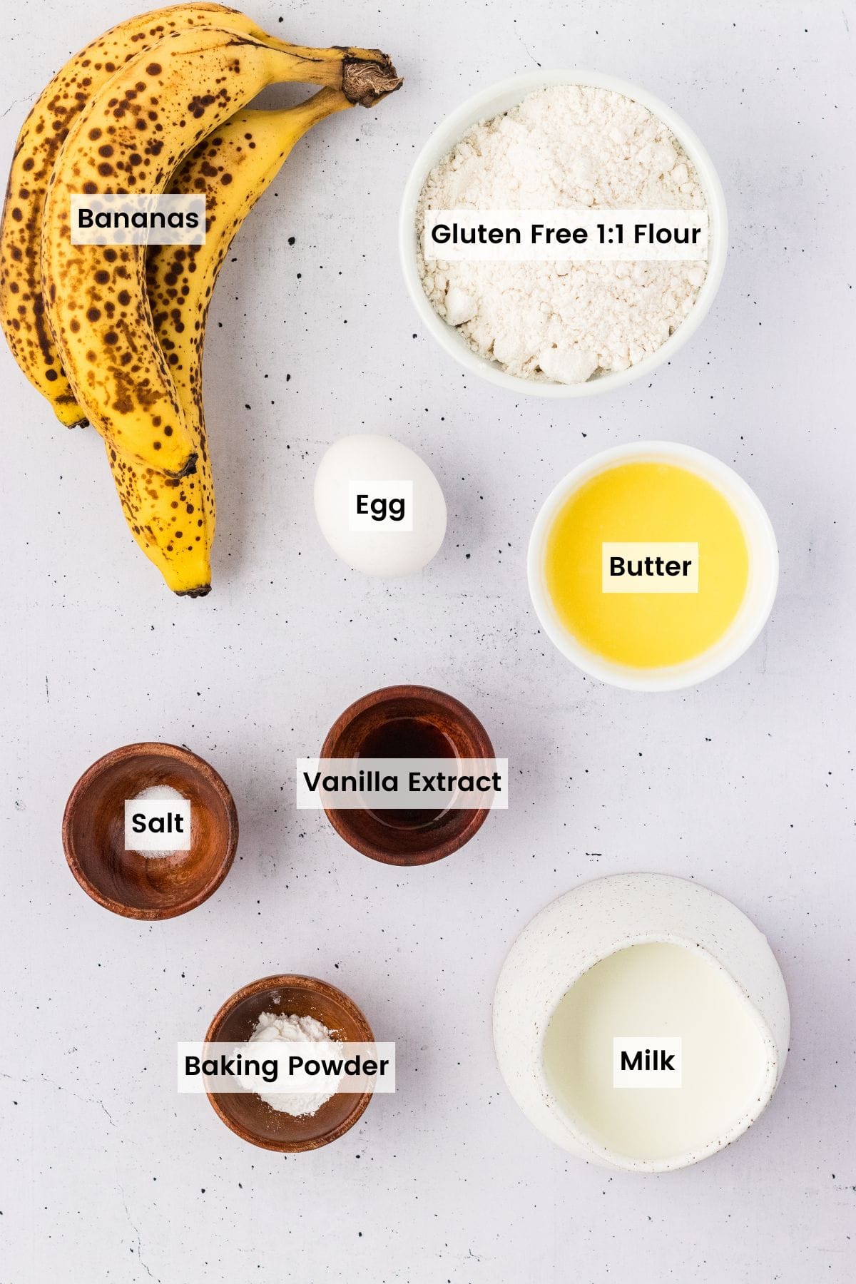 Overhead view of ingredients needed to make gluten free banana pancakes