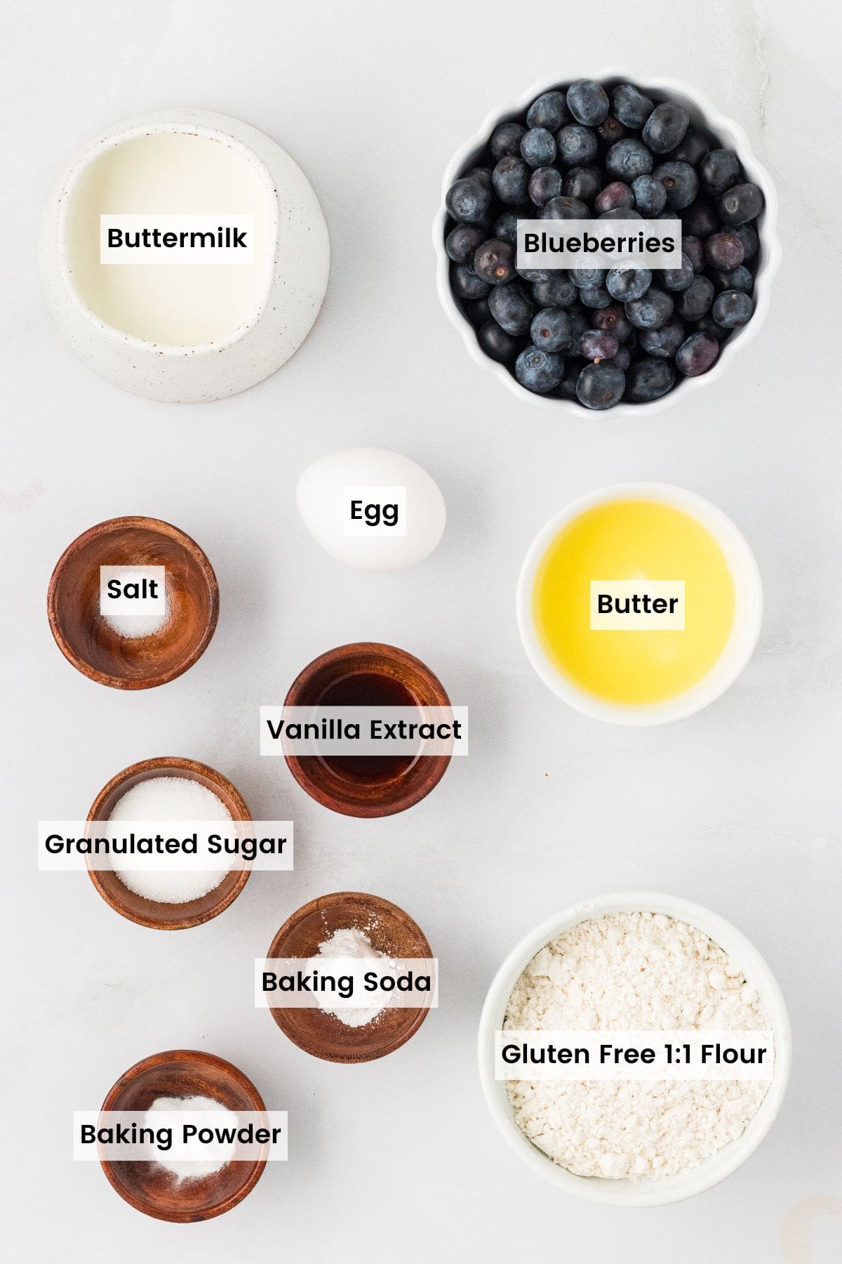 Overhead view of ingredients needed to make gluten free blueberry pancakes