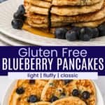 Pinterest graphic with two photos of gluten free blueberry pancakesgluten free blueberry pancakes
