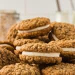 Oatmeal cream pies stacked on a plate