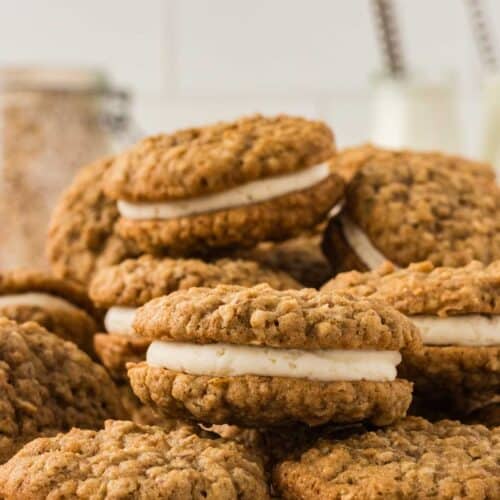 Oatmeal cream pies stacked on a plate