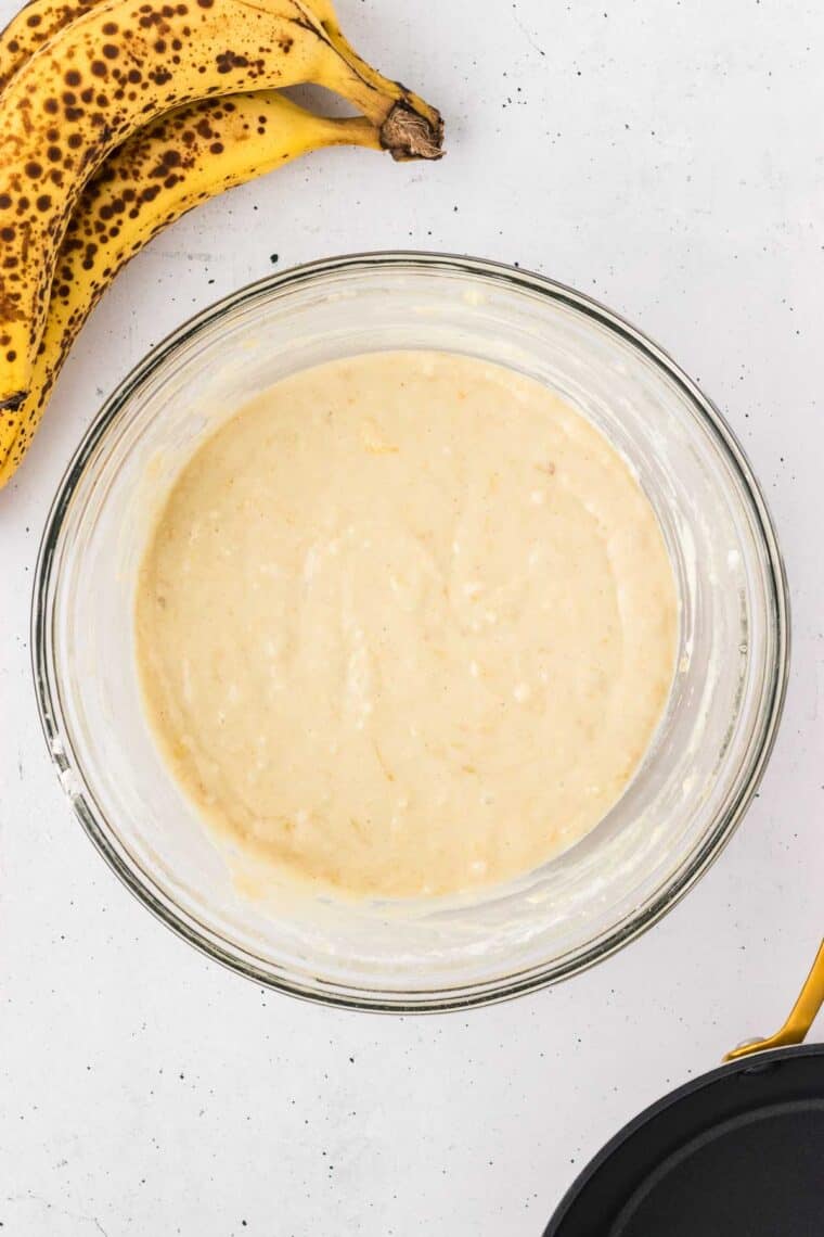 Banana pancake batter in a bowl