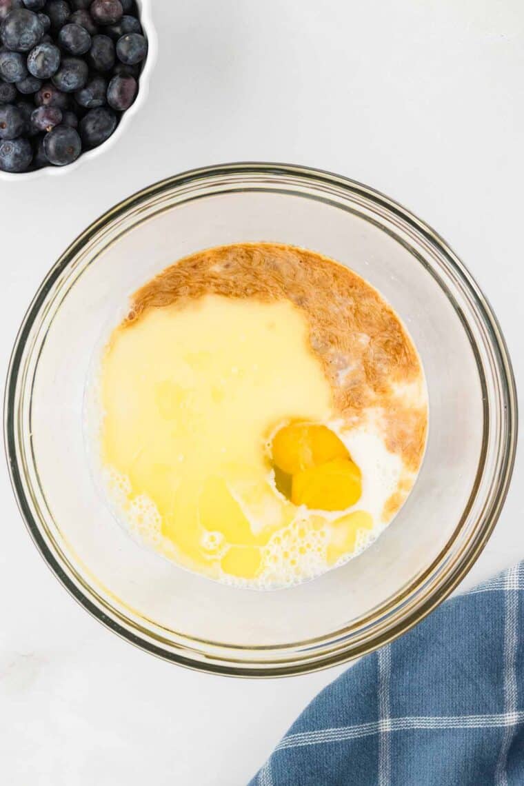 Buttermilk, egg, melted butter, and vanilla in a bowl