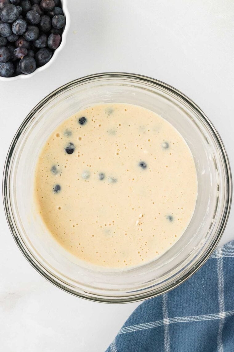 Blueberry pancake batter in a bowl