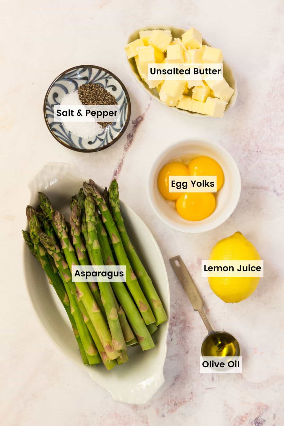 Ingredients for Asparagus with Hollandaise sauce with text labels.