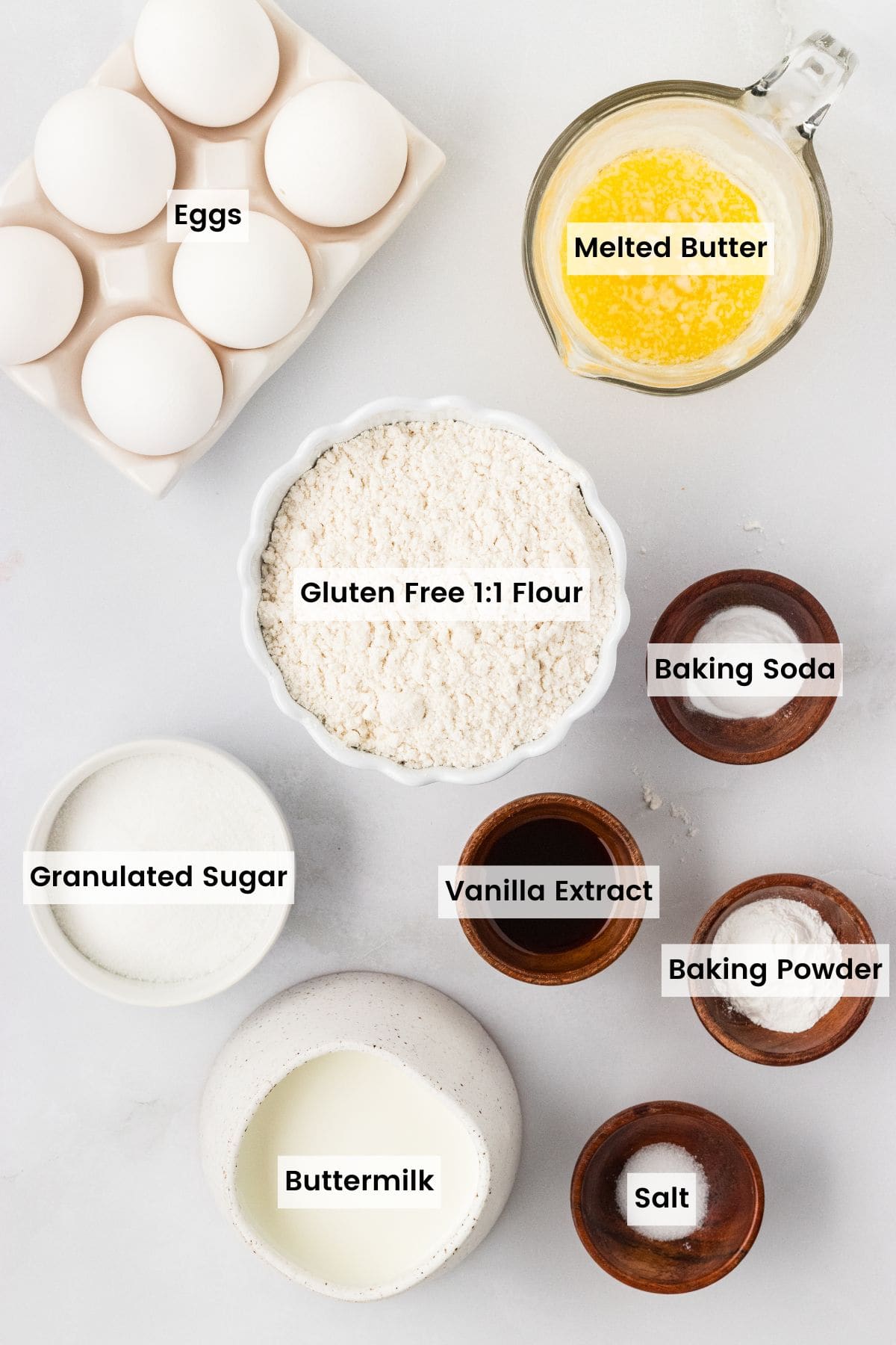 Overhead view of ingredients needed to make gluten free buttermilk waffles