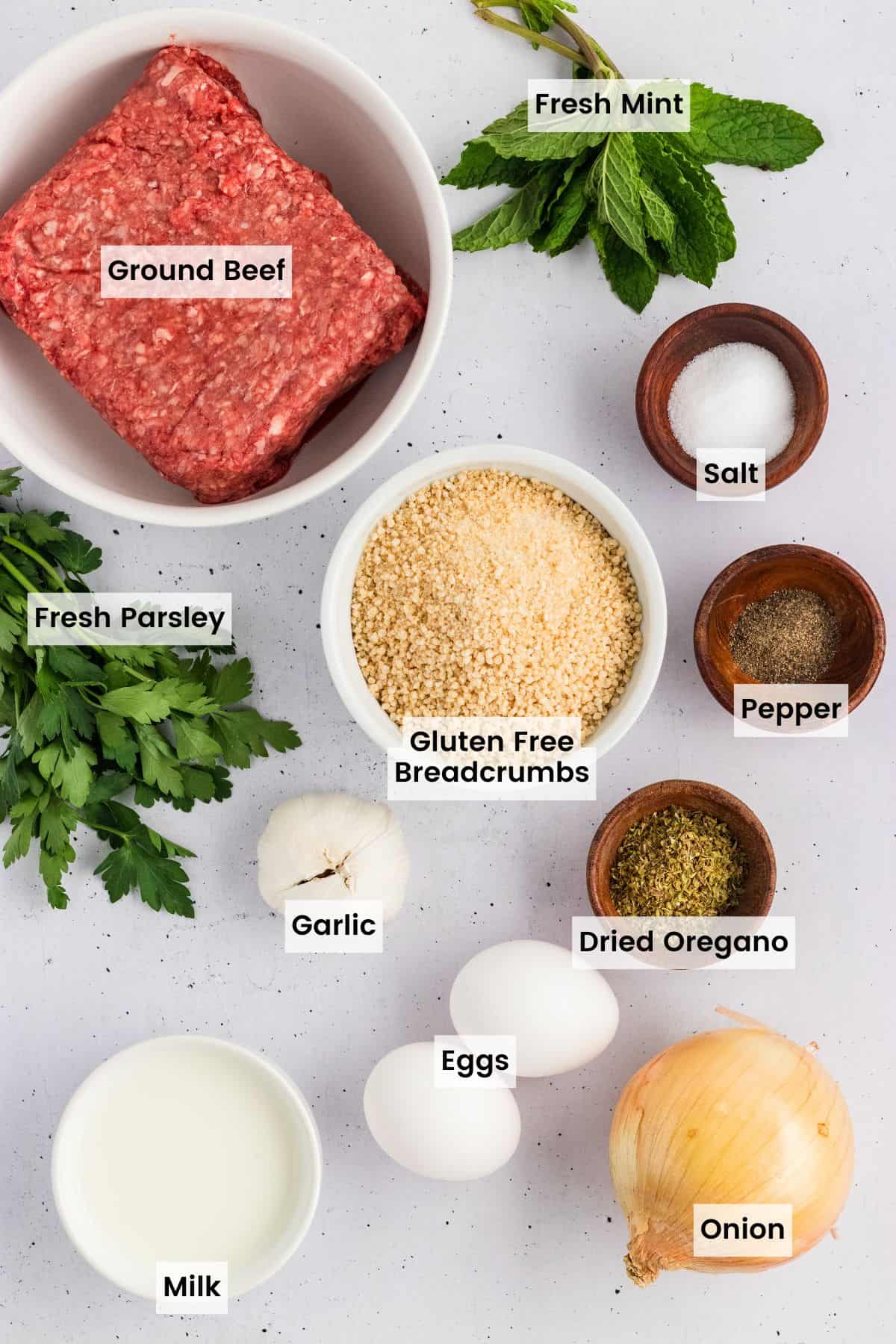 Overhead view of ingredients needed to make Gluten Free Greek Meatballs