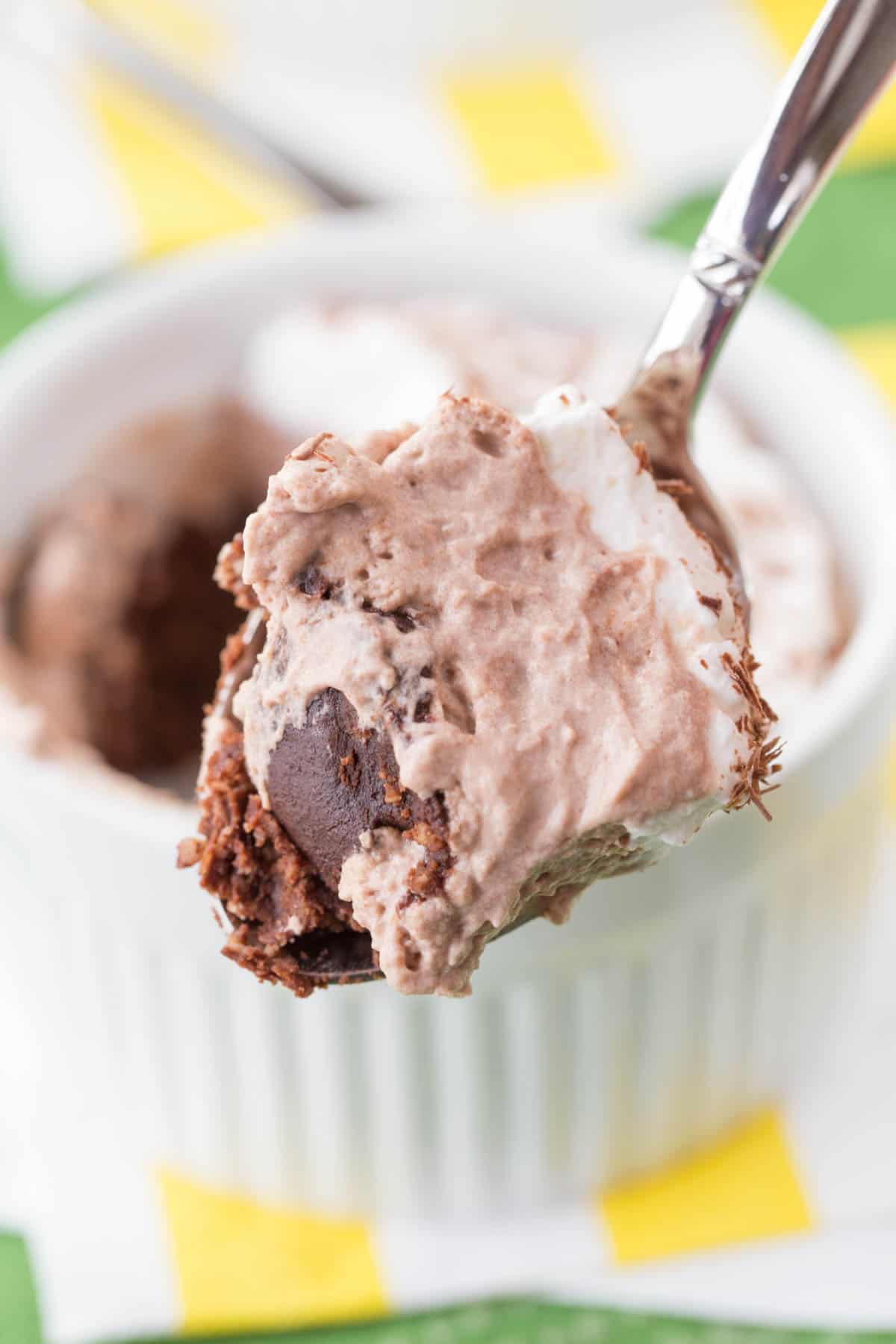 A spoonful of chocolate mousse, fudge, and a bit of crust.