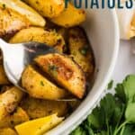 Pinterest graphic with photos of Greek potatoes