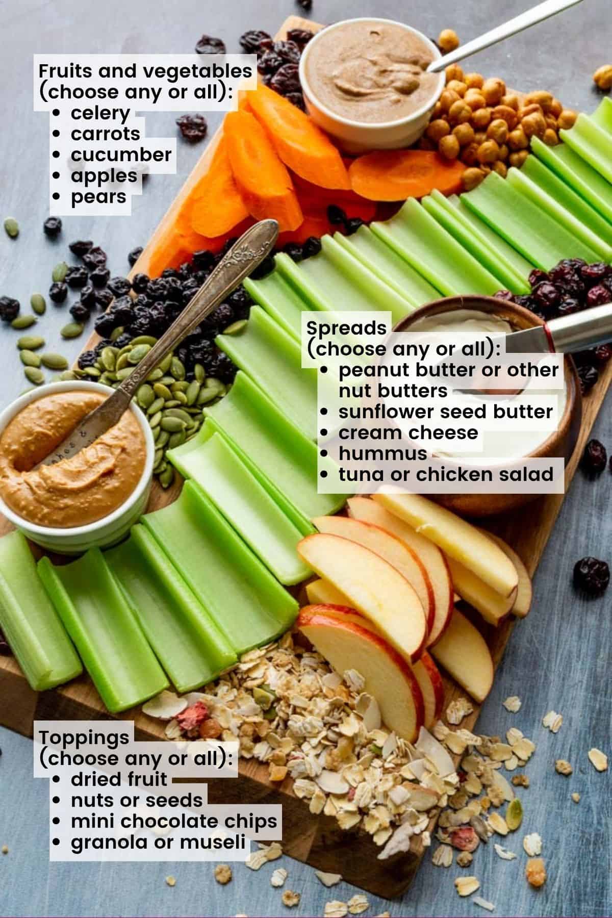 Various fruits, vegetables, spreads, and toppings on a cutting board with text overlay of the ingredients.