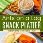 Fruits, veggies, spreads, and toppings on a wooden board and three stuffed celery pieces on a white plate divided by a green box with text overlay that says "Ants on a Log Snack Platter" and the words kid favorite, versatile, and fun.