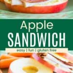 Apple slices stacked with deli meat and cheese to make a sandwich and one sandwich leaning against another divided by a green box with text overlay that says "Apple Sandwiches" and the words easy, fun, and gluten free.