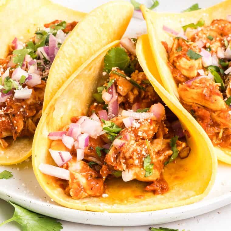 Close up of chicken tinga tacos on a white plate