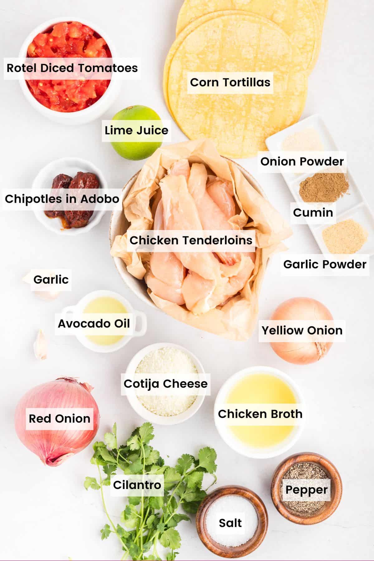 Overhead view of labeled ingredients to make chicken tinga tacos