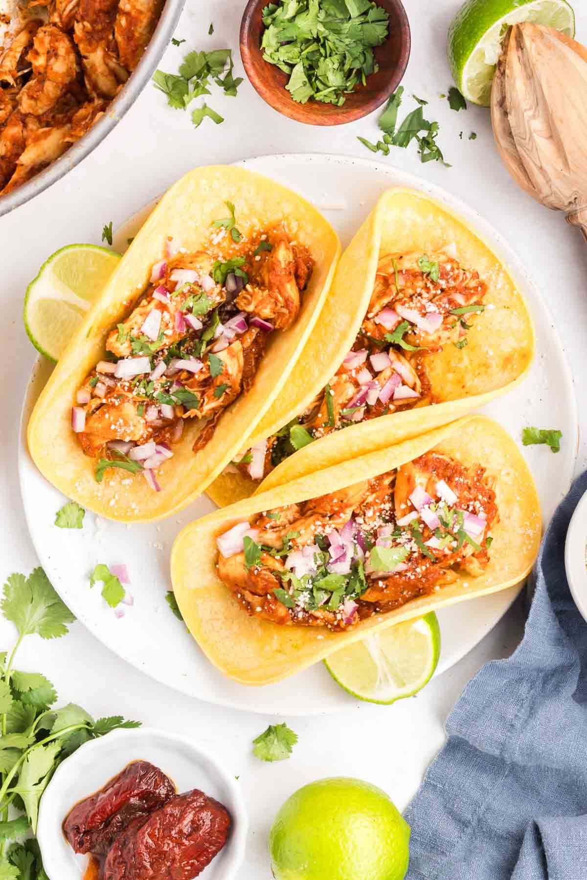 Overhead view of three chicken tinga tacos on a white plate