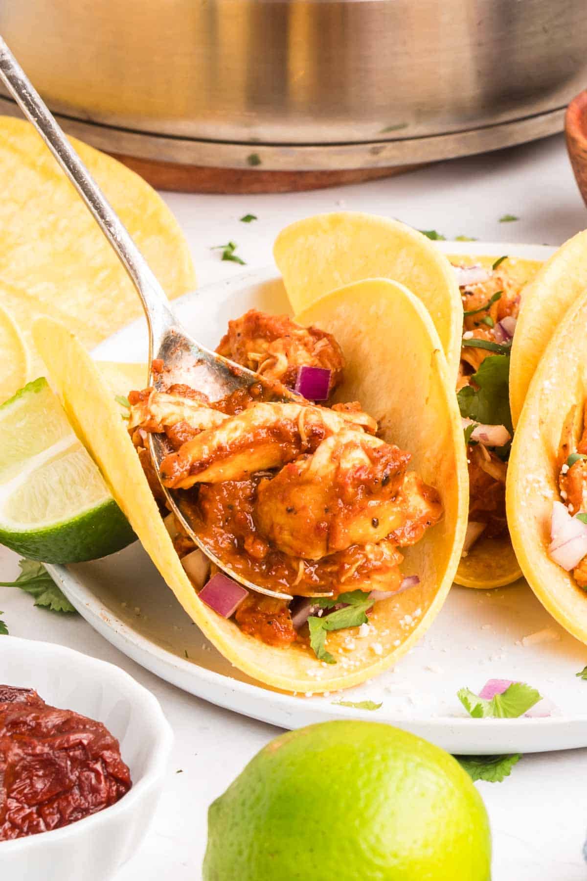 Spooning chicken tinga into a taco shell