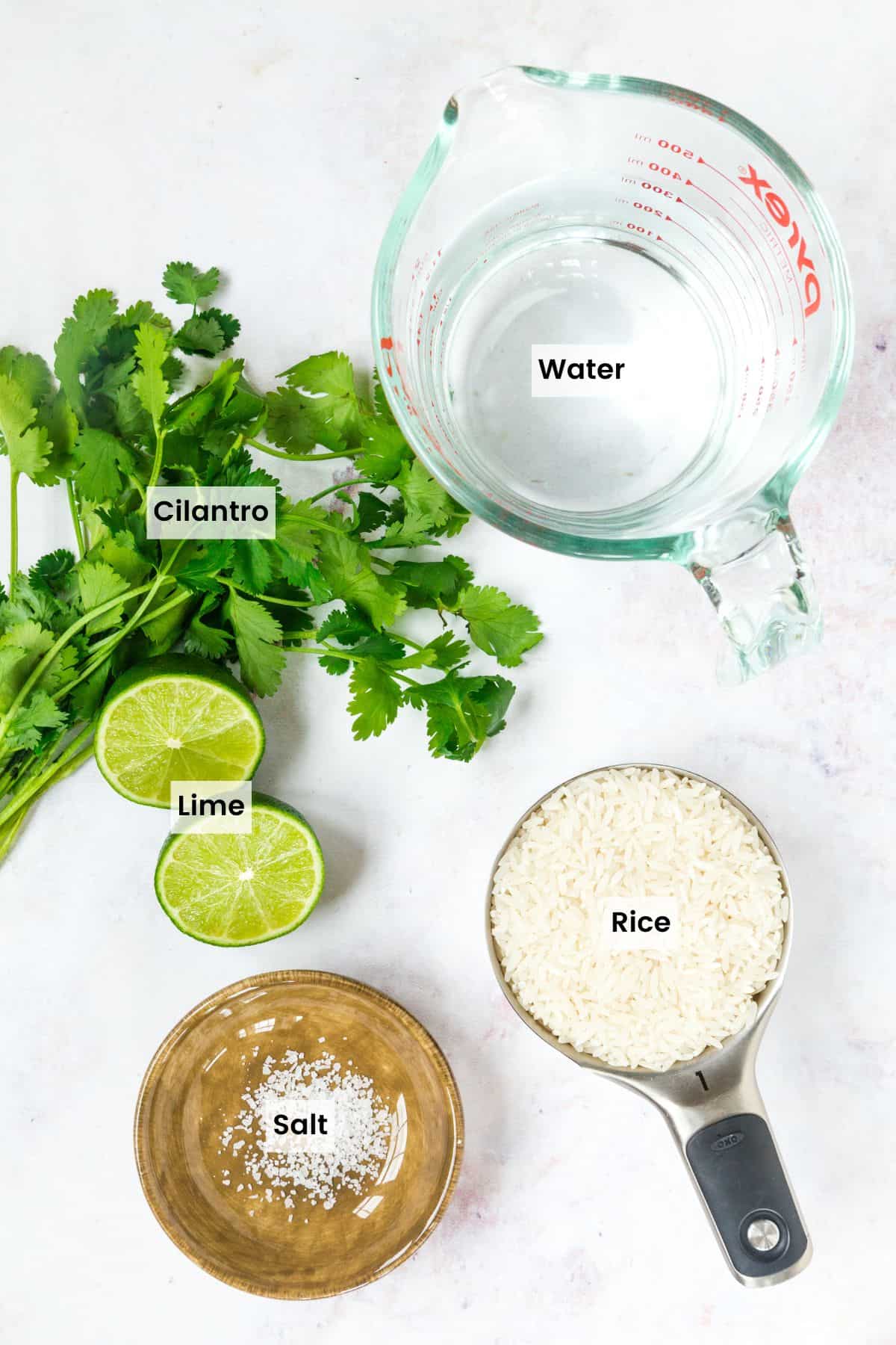 The ingredients to make cilantro lime rice with text labels.