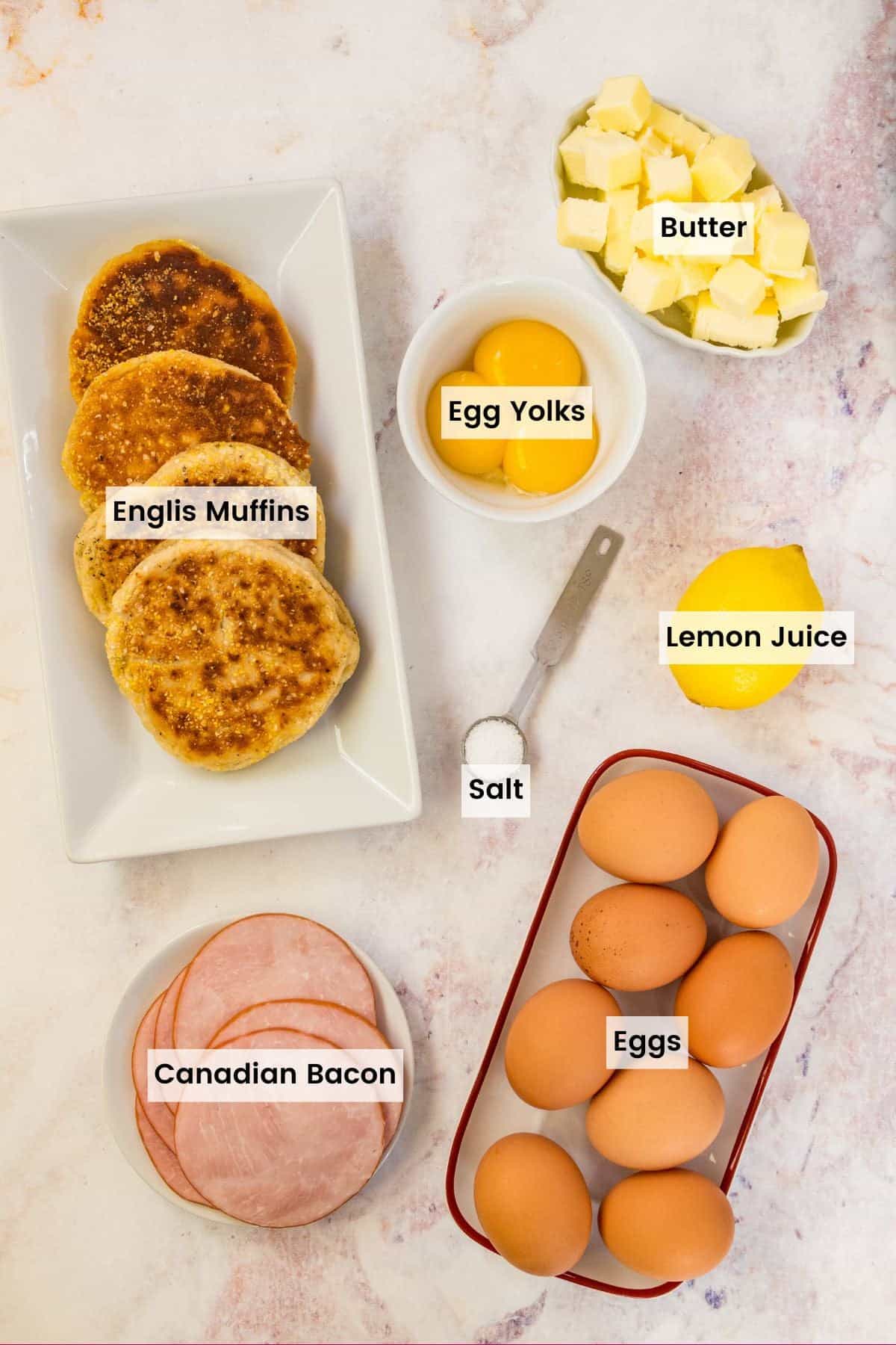 Ingredients to make Eggs Benedict with text labels.