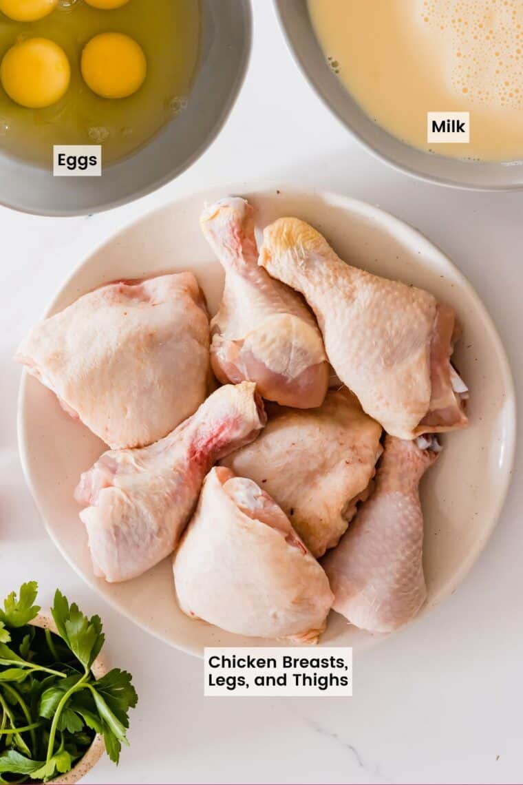 Raw chicken pieces and bowls of eggs and milk with text labels.