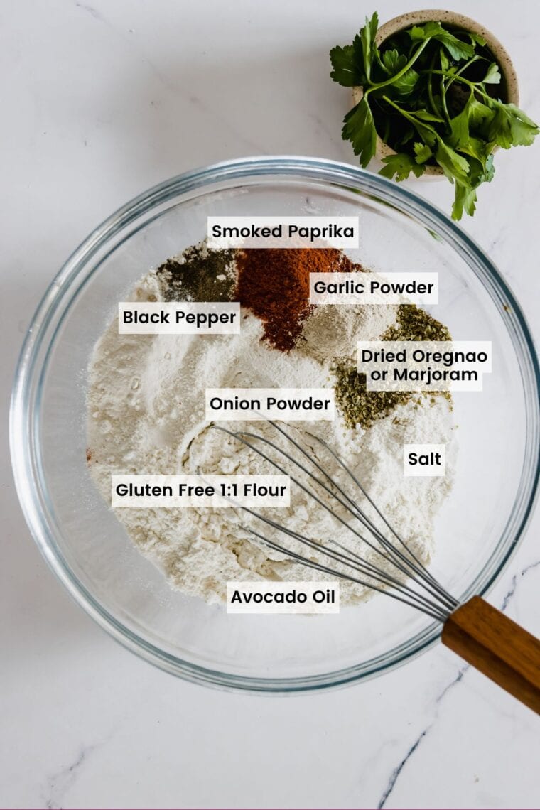 Ingredients for the fried chicken coating in a bowl with text labels.