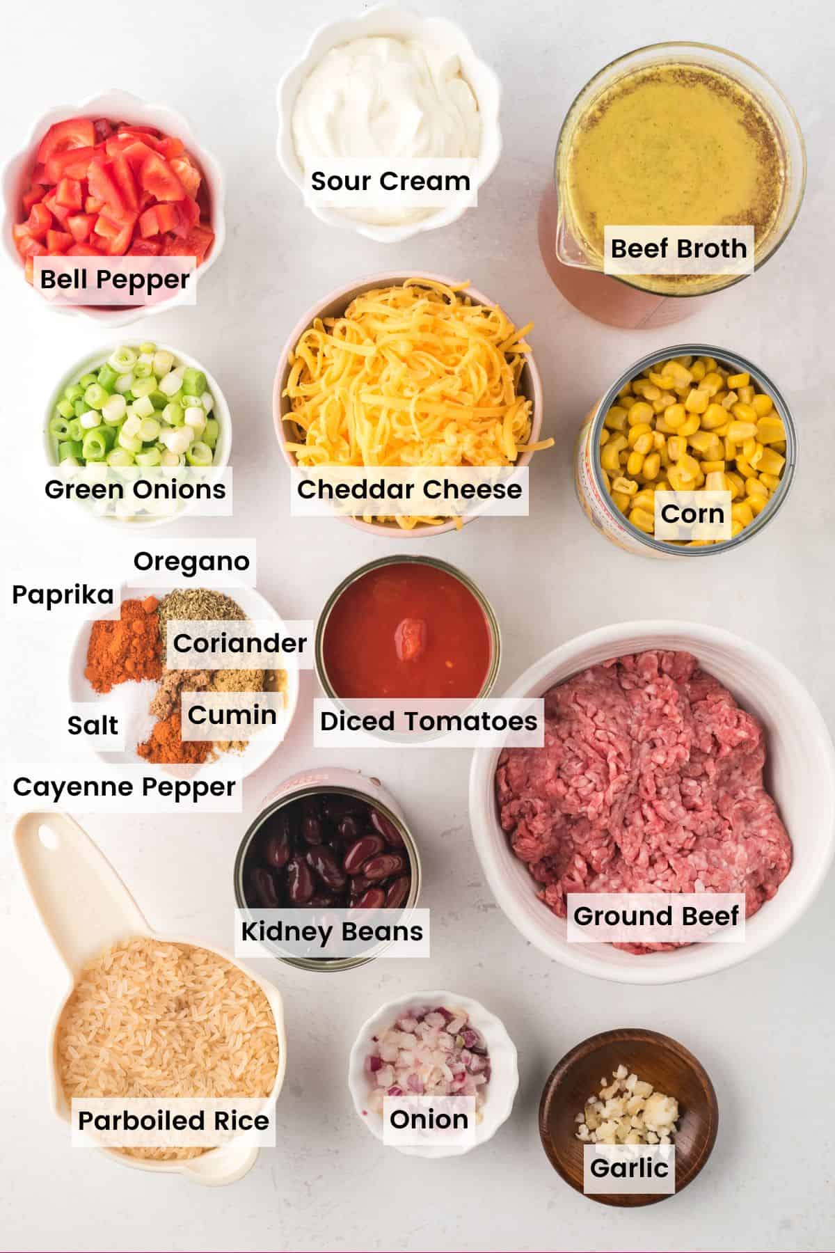 Ingredients to make taco skillet with text labels.
