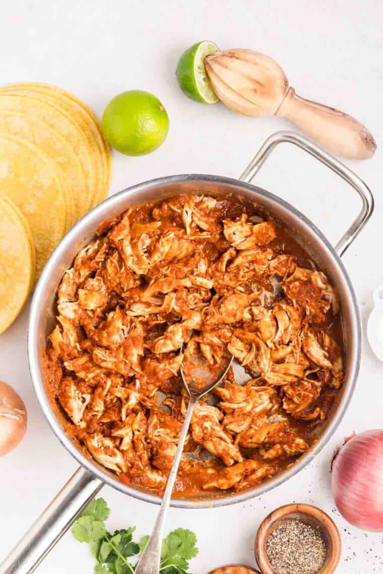 Chicken tinga filling in a pan