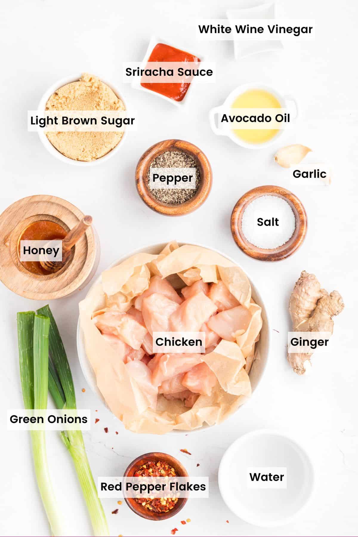 This easy sweet and spicy chicken is full of flavor, with honey, brown sugar, and sriracha. Ready in just 20 minutes! Labeled ingredients needed to make sweet and spicy chicken