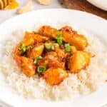 Sweet and spicy chicken on a bed of white rice