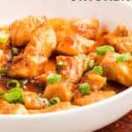 Pinterest graphic with a bowl of sweet & spicy chicken