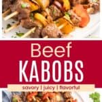 Pinterest graphic with photos of beef kebabs