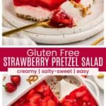Pinterest graphic with photos of strawberry pretzel salad
