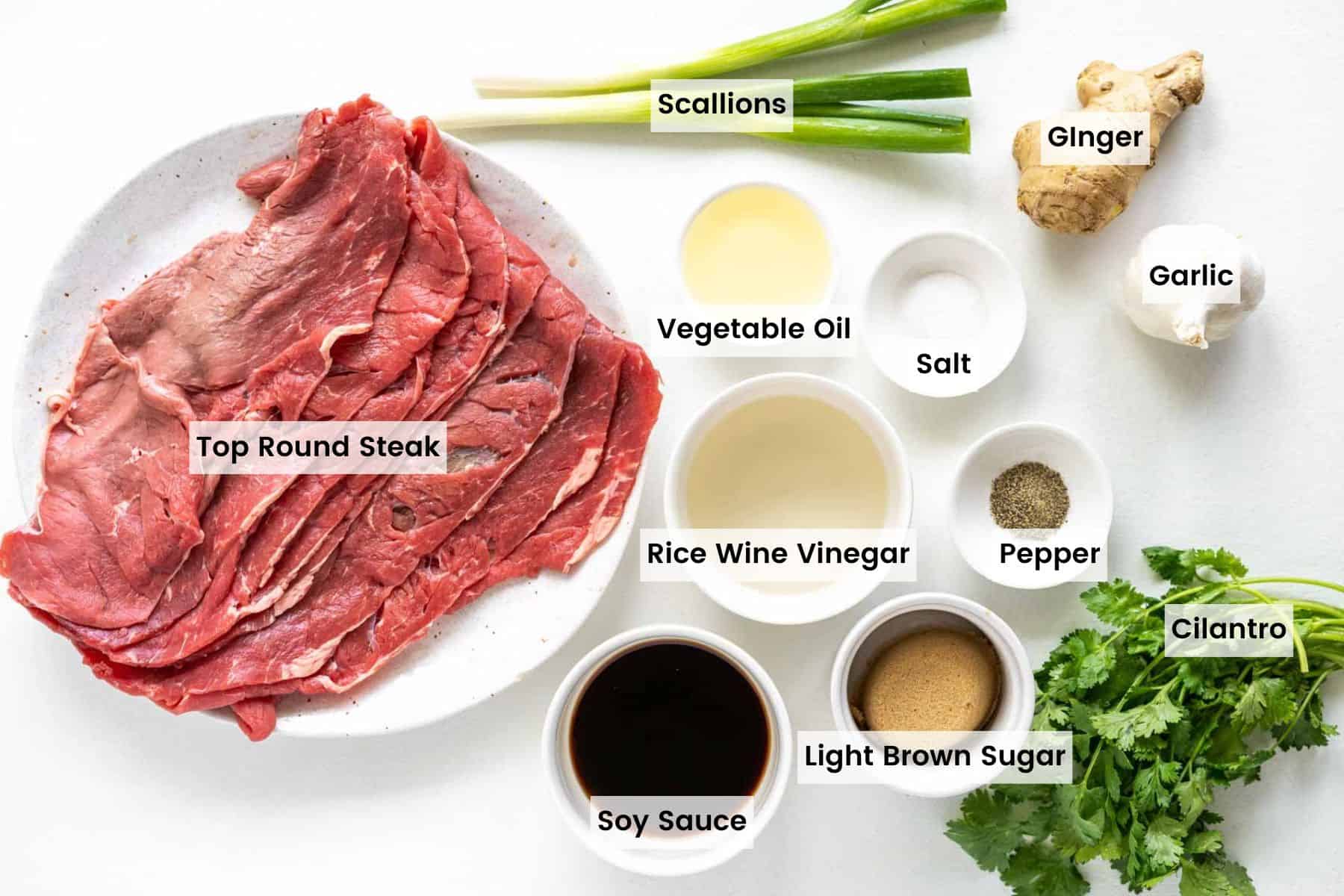 Ingredients to make teriyaki beef sticks on a countertop with text labels.