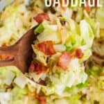 A pinterest graphic with a photo of fried cabbage
