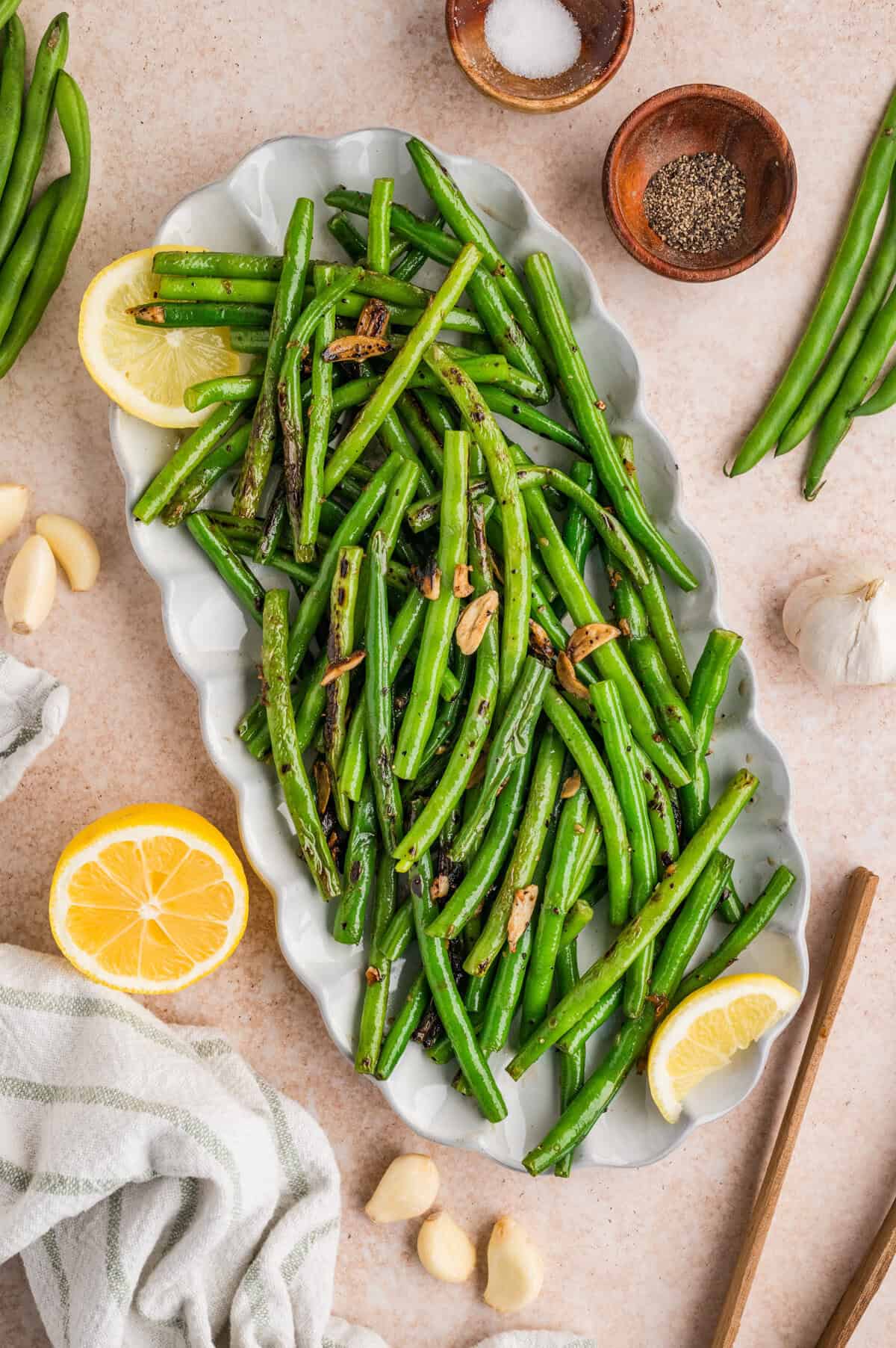 Overhead view of a platter of garlic green beans