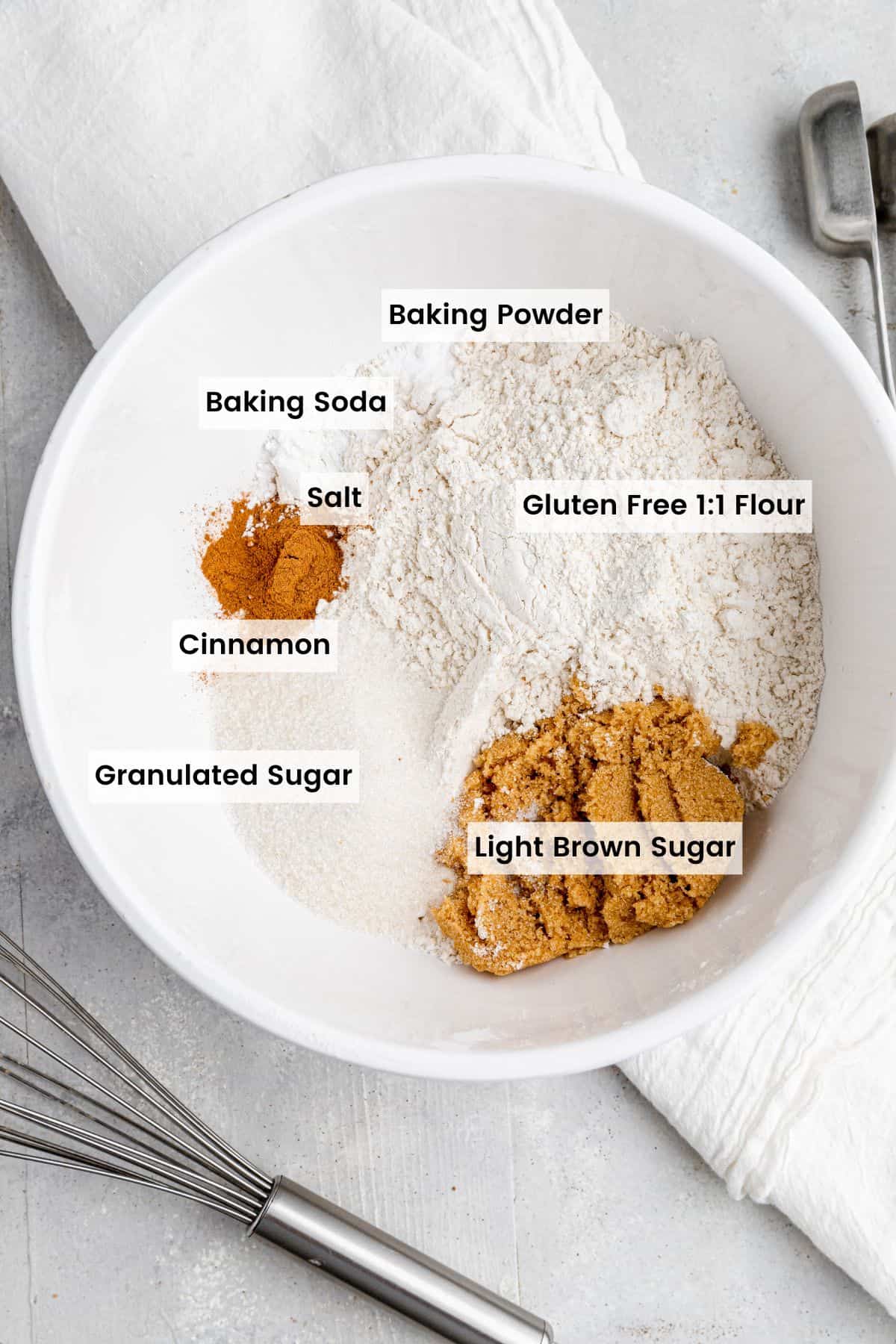 Dry ingredients including flour, cinnamon, baking powder and salt in a white mixing bowl with text labels.