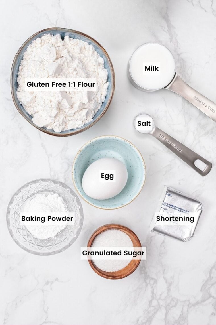 The ingredients for the gluten free cobbler topping with text labels.