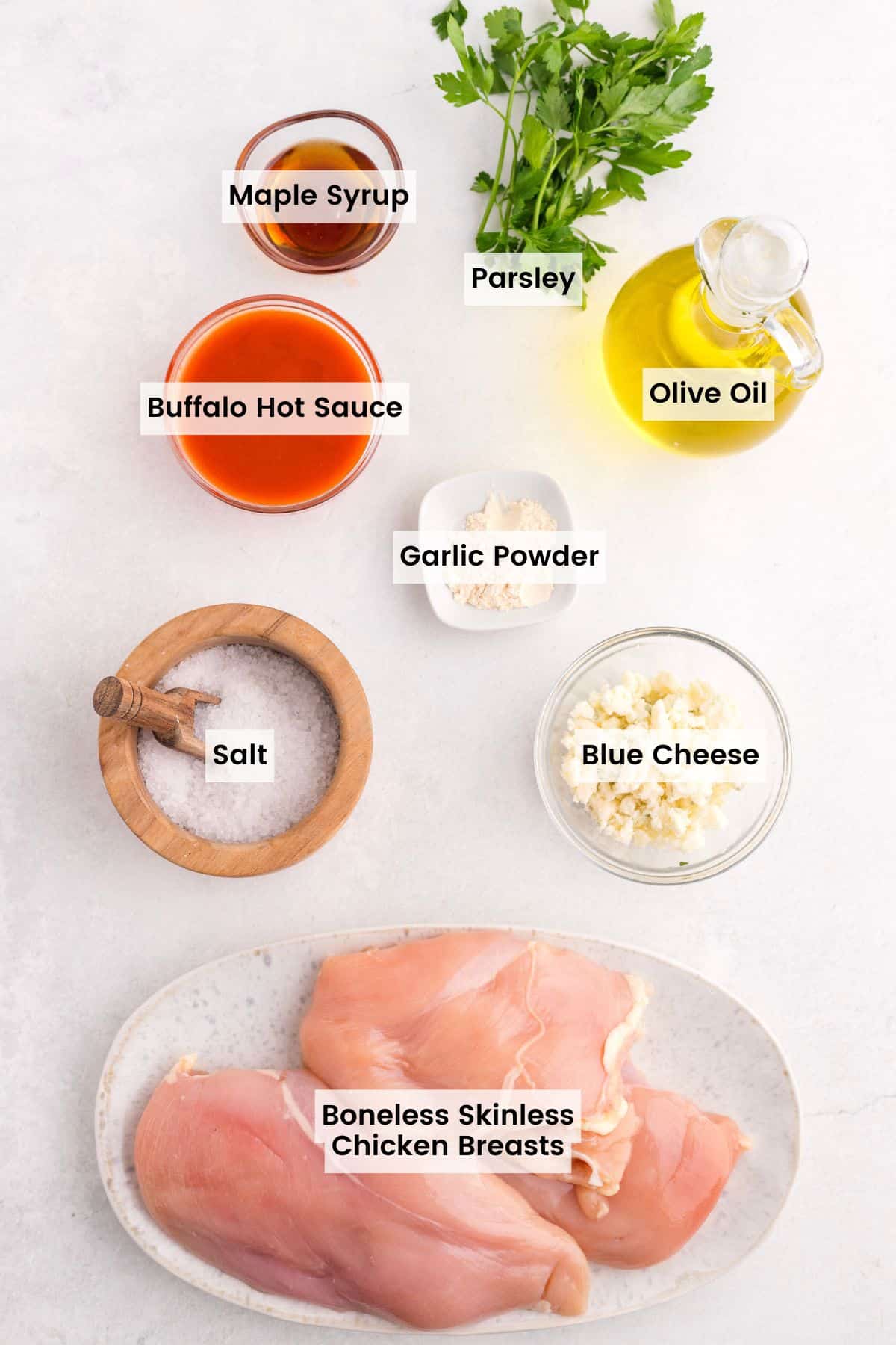 Overhead view of the ingredients needed to make grilled buffalo chicken