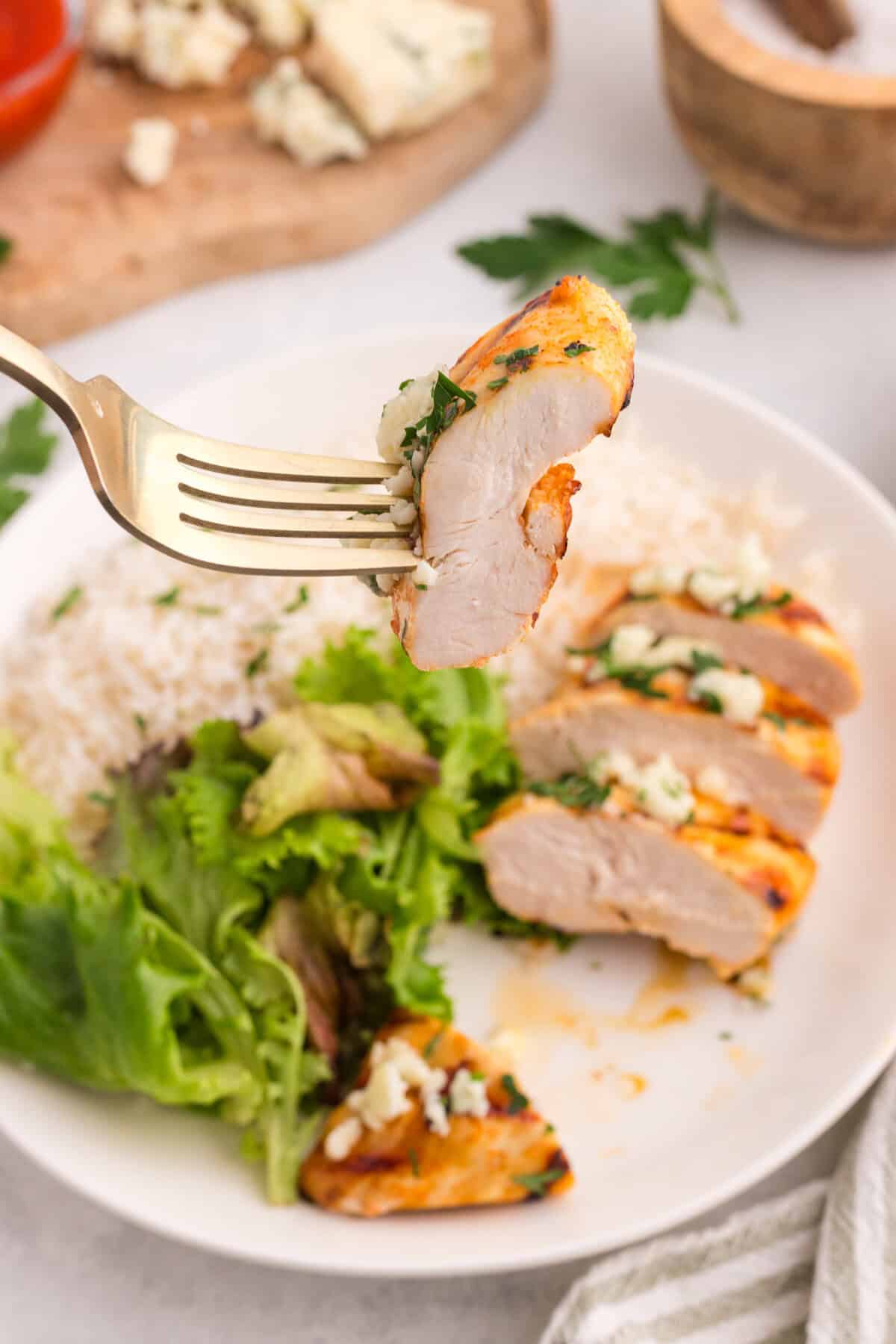 A slice of grilled buffalo chicken on a fork above a plate of chicken, salad, and rice