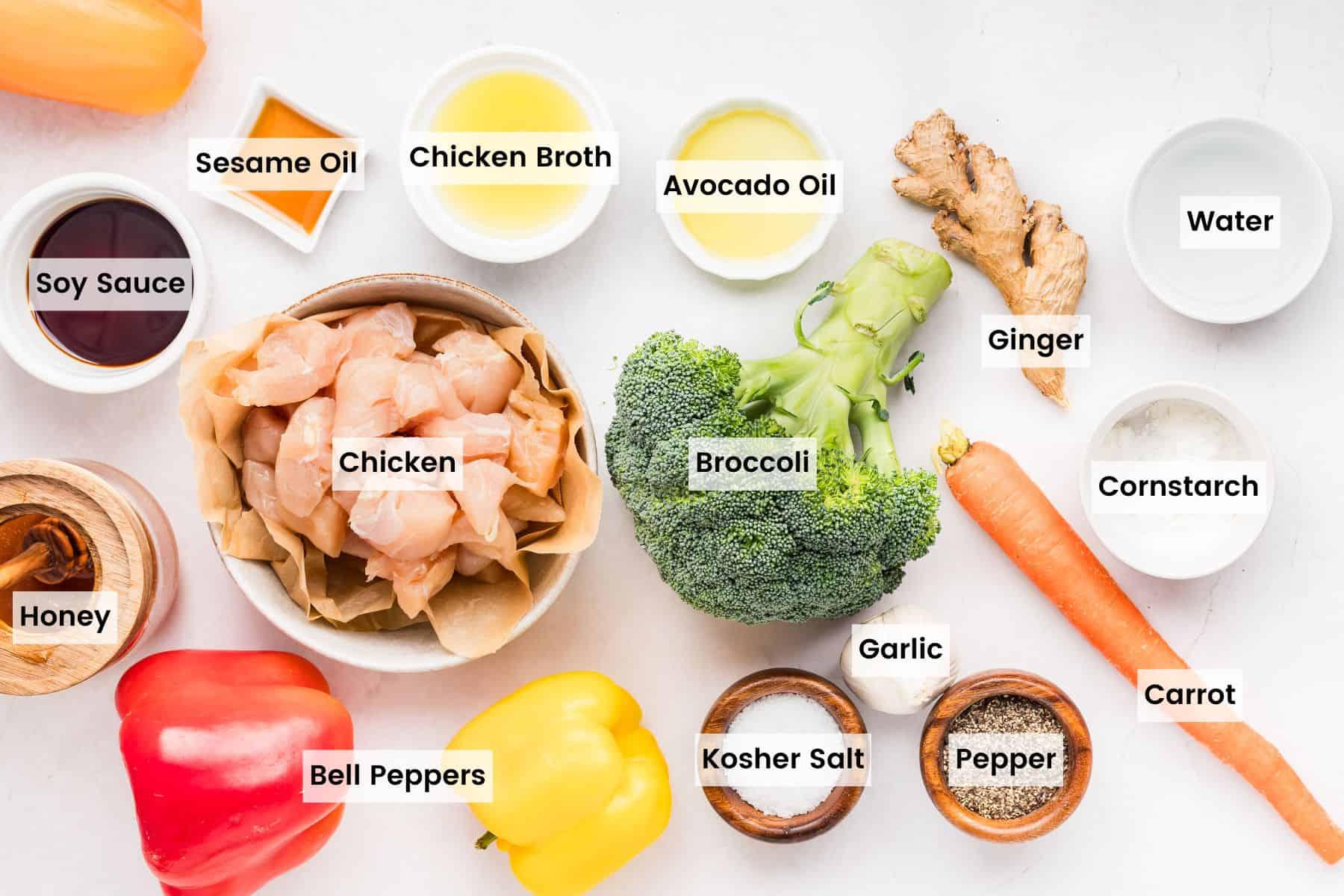 Overhead view of labeled ingredients needed to make chicken stir fry