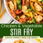 Pinterest graphic with a photo of chicken stir fry