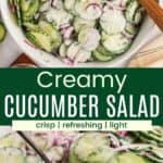 Pinterest graphic with a photo of creamy cucumber salad