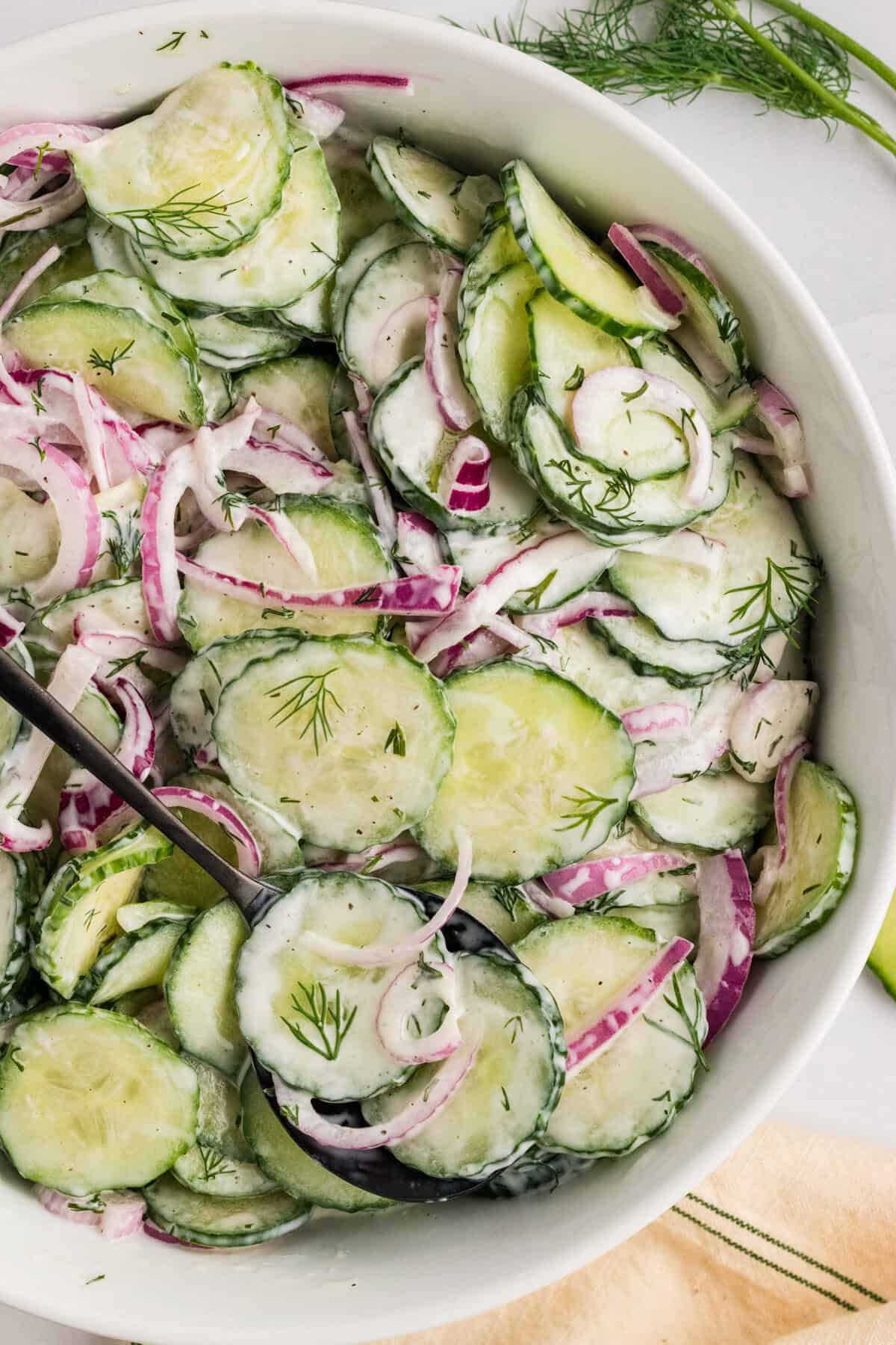 Overhead view of a white bowl of creamy cucumber salad