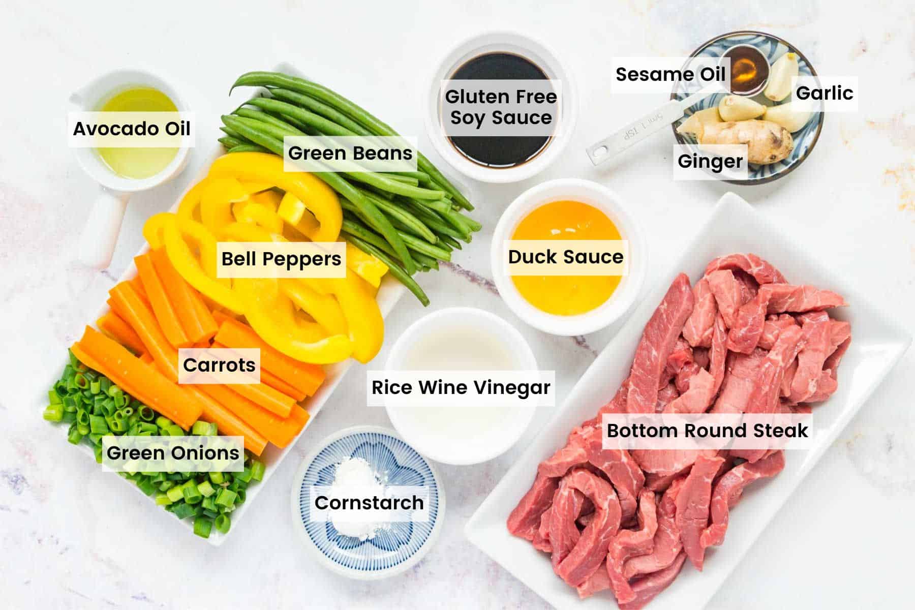 Ingredients to make gluten free beef stir fry with text labels.