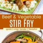 A plate of stir fried steak and vegetables and the stir fry in a wok divided by a brown box with text overlay that says "Beef & Vegetable Stir Fry".