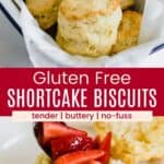 A bowl of biscuits and strawberries being spooned onto the bottom half o one divided by a red box with text overlay that says "Gluten Free Shortcake Biscuits".
